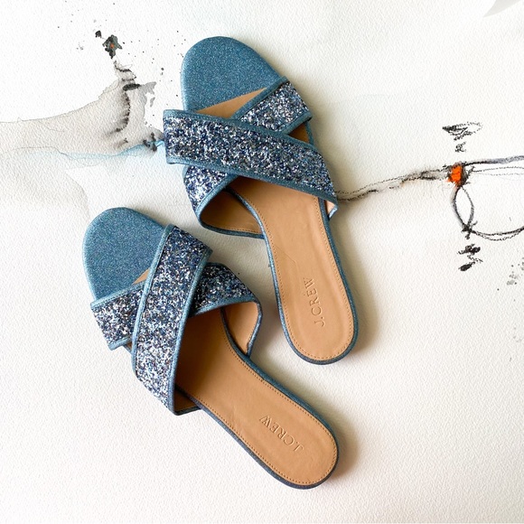 NWT, J Crew Blue Glitter Cora Crisscross Sandals, Size 10.5 - Picture 2 of 9